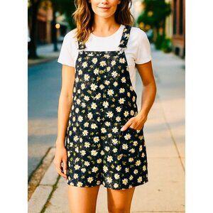 Daisy Print Black Denim Overall Dress Junior's XL (15-17)